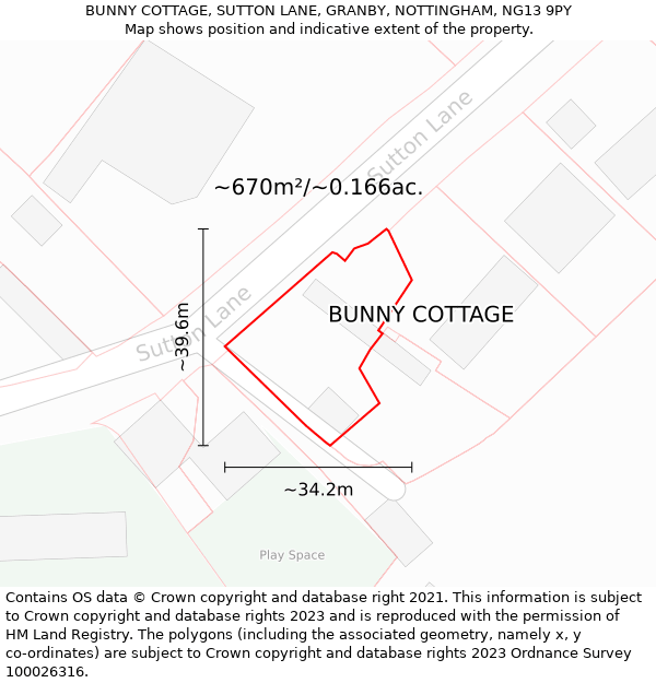 BUNNY COTTAGE, SUTTON LANE, GRANBY, NOTTINGHAM, NG13 9PY: Plot and title map