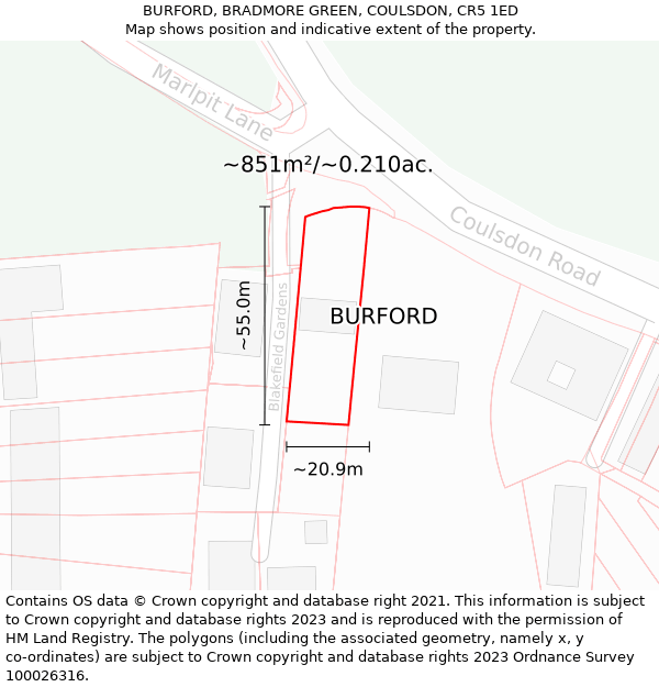 BURFORD, BRADMORE GREEN, COULSDON, CR5 1ED: Plot and title map