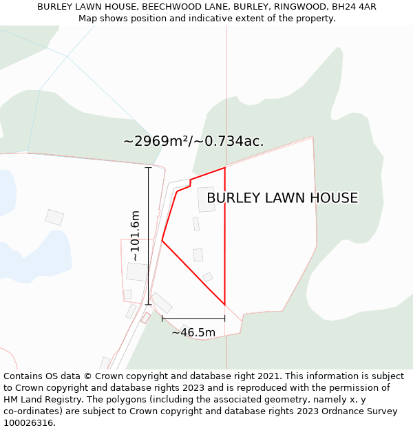 BURLEY LAWN HOUSE, BEECHWOOD LANE, BURLEY, RINGWOOD, BH24 4AR: Plot and title map