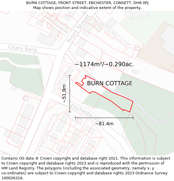 BURN COTTAGE, FRONT STREET, EBCHESTER, CONSETT, DH8 0PJ: Plot and title map