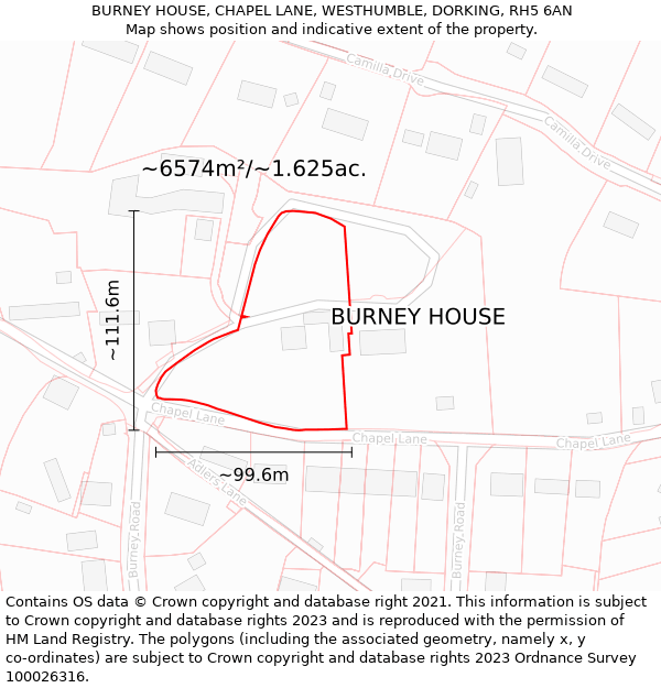 BURNEY HOUSE, CHAPEL LANE, WESTHUMBLE, DORKING, RH5 6AN: Plot and title map