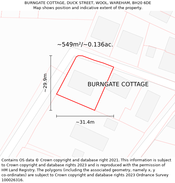BURNGATE COTTAGE, DUCK STREET, WOOL, WAREHAM, BH20 6DE: Plot and title map