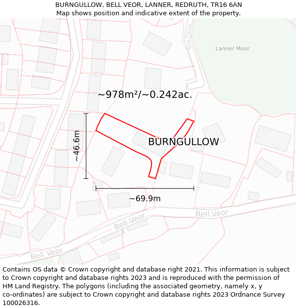 BURNGULLOW, BELL VEOR, LANNER, REDRUTH, TR16 6AN: Plot and title map