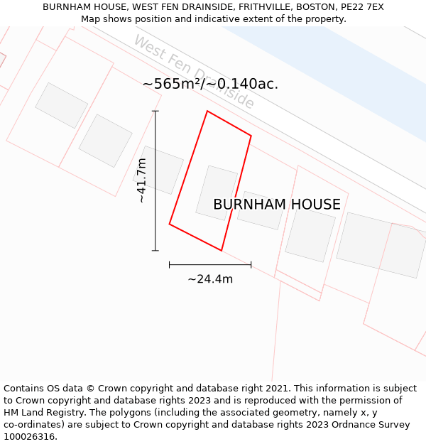 BURNHAM HOUSE, WEST FEN DRAINSIDE, FRITHVILLE, BOSTON, PE22 7EX: Plot and title map
