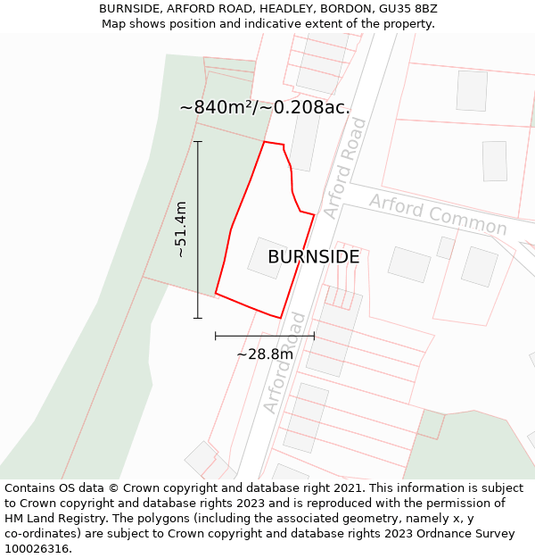 BURNSIDE, ARFORD ROAD, HEADLEY, BORDON, GU35 8BZ: Plot and title map