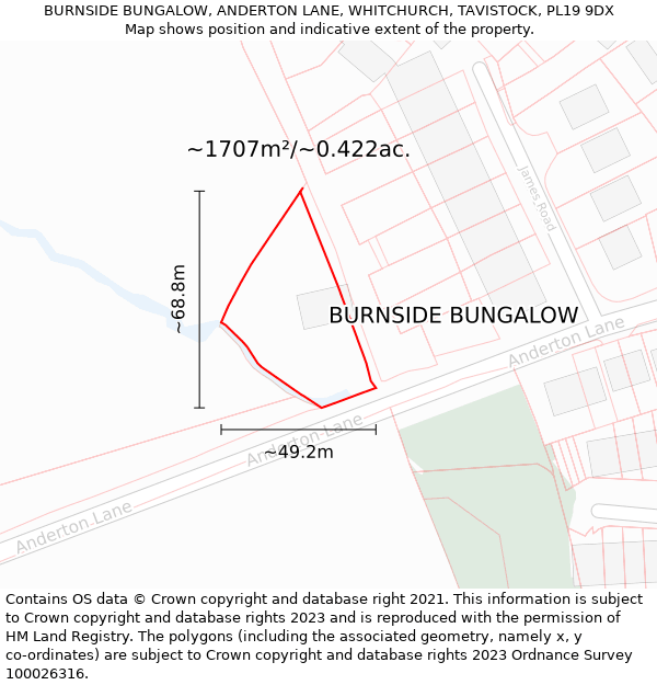 BURNSIDE BUNGALOW, ANDERTON LANE, WHITCHURCH, TAVISTOCK, PL19 9DX: Plot and title map