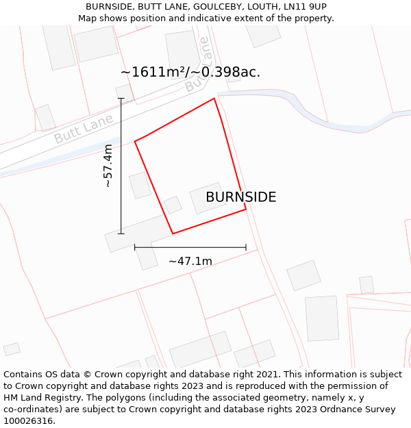 BURNSIDE, BUTT LANE, GOULCEBY, LOUTH, LN11 9UP: Plot and title map