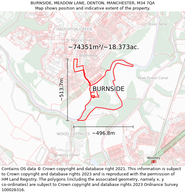 BURNSIDE, MEADOW LANE, DENTON, MANCHESTER, M34 7QA: Plot and title map