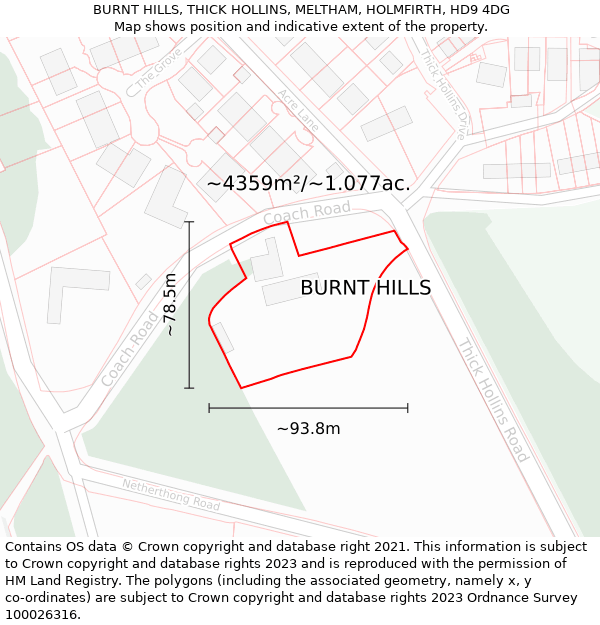 BURNT HILLS, THICK HOLLINS, MELTHAM, HOLMFIRTH, HD9 4DG: Plot and title map