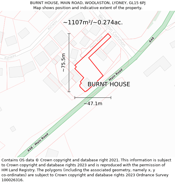 BURNT HOUSE, MAIN ROAD, WOOLASTON, LYDNEY, GL15 6PJ: Plot and title map