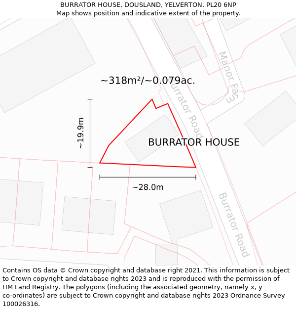 BURRATOR HOUSE, DOUSLAND, YELVERTON, PL20 6NP: Plot and title map