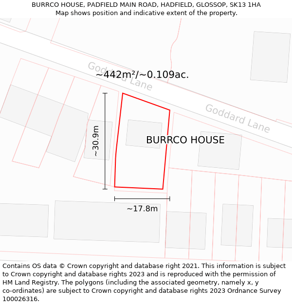 BURRCO HOUSE, PADFIELD MAIN ROAD, HADFIELD, GLOSSOP, SK13 1HA: Plot and title map