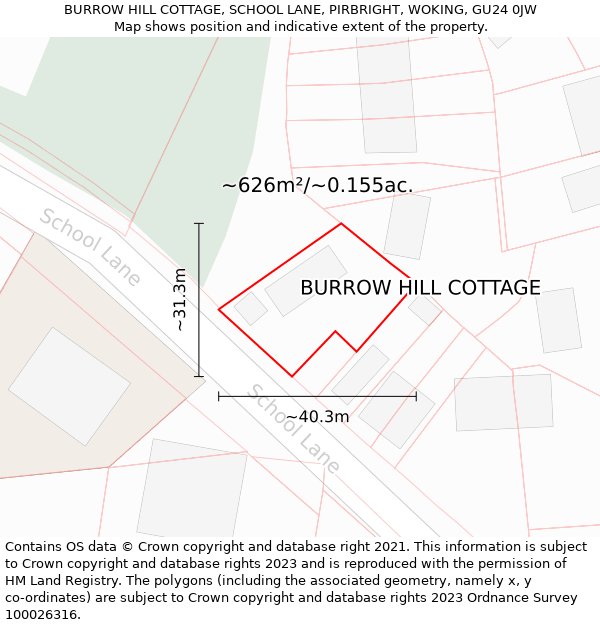 BURROW HILL COTTAGE, SCHOOL LANE, PIRBRIGHT, WOKING, GU24 0JW: Plot and title map