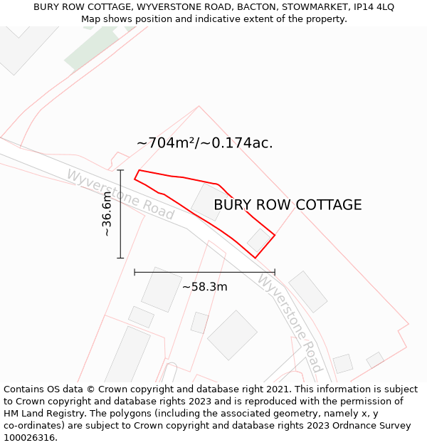 BURY ROW COTTAGE, WYVERSTONE ROAD, BACTON, STOWMARKET, IP14 4LQ: Plot and title map