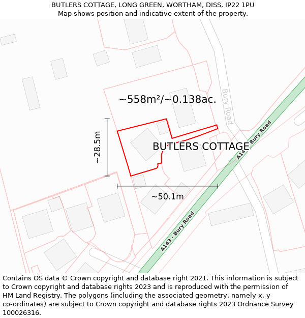 BUTLERS COTTAGE, LONG GREEN, WORTHAM, DISS, IP22 1PU: Plot and title map