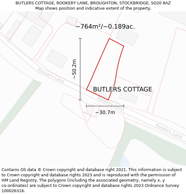 BUTLERS COTTAGE, ROOKERY LANE, BROUGHTON, STOCKBRIDGE, SO20 8AZ: Plot and title map