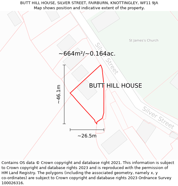 BUTT HILL HOUSE, SILVER STREET, FAIRBURN, KNOTTINGLEY, WF11 9JA: Plot and title map