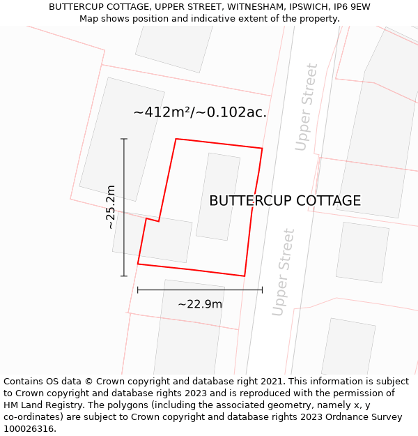 BUTTERCUP COTTAGE, UPPER STREET, WITNESHAM, IPSWICH, IP6 9EW: Plot and title map