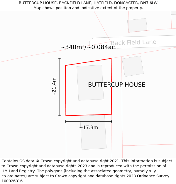 BUTTERCUP HOUSE, BACKFIELD LANE, HATFIELD, DONCASTER, DN7 6LW: Plot and title map