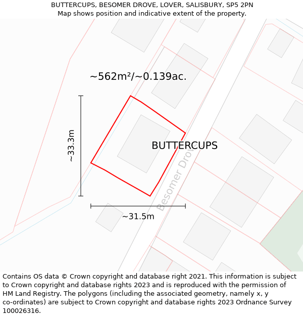 BUTTERCUPS, BESOMER DROVE, LOVER, SALISBURY, SP5 2PN: Plot and title map