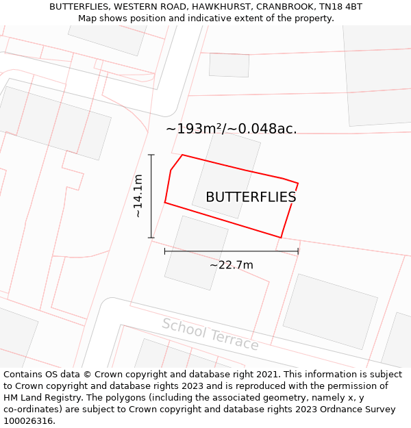 BUTTERFLIES, WESTERN ROAD, HAWKHURST, CRANBROOK, TN18 4BT: Plot and title map