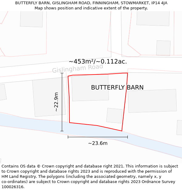 BUTTERFLY BARN, GISLINGHAM ROAD, FINNINGHAM, STOWMARKET, IP14 4JA: Plot and title map