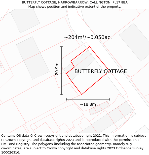 BUTTERFLY COTTAGE, HARROWBARROW, CALLINGTON, PL17 8BA: Plot and title map