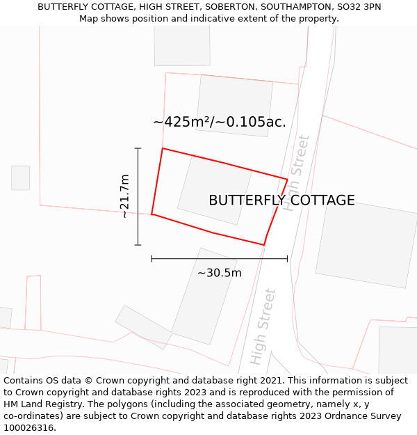 BUTTERFLY COTTAGE, HIGH STREET, SOBERTON, SOUTHAMPTON, SO32 3PN: Plot and title map