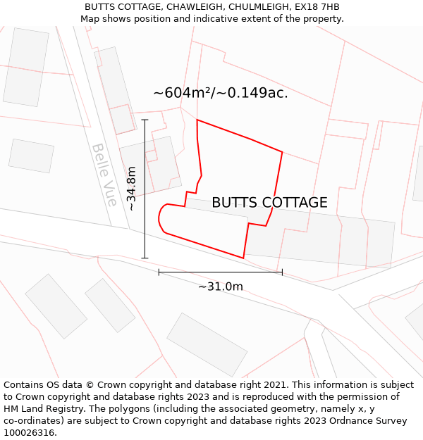 BUTTS COTTAGE, CHAWLEIGH, CHULMLEIGH, EX18 7HB: Plot and title map