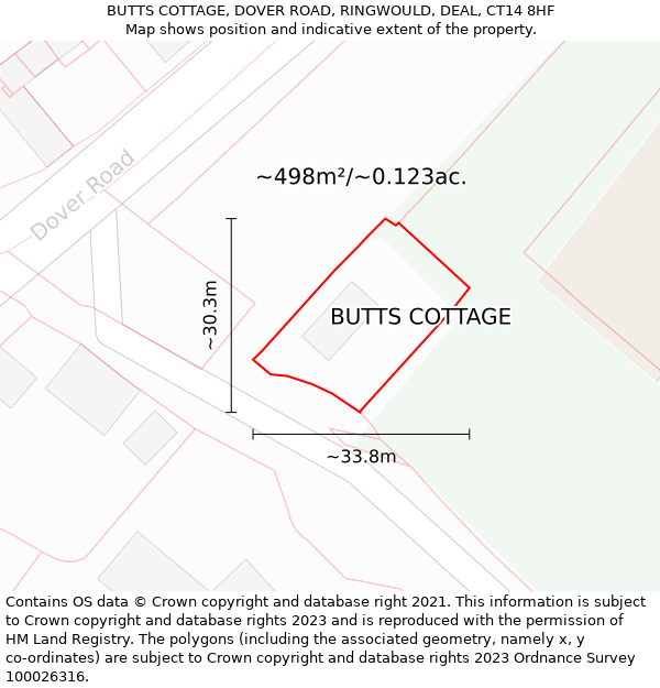 BUTTS COTTAGE, DOVER ROAD, RINGWOULD, DEAL, CT14 8HF: Plot and title map