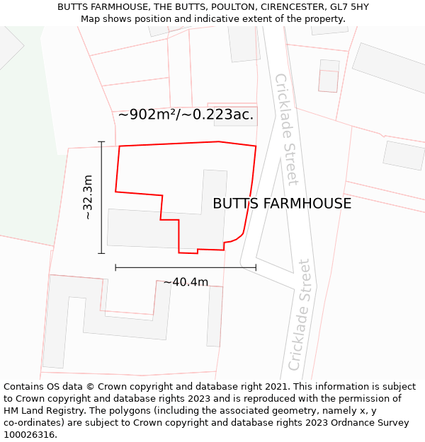 BUTTS FARMHOUSE, THE BUTTS, POULTON, CIRENCESTER, GL7 5HY: Plot and title map