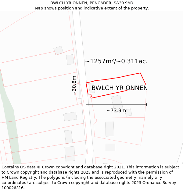 BWLCH YR ONNEN, PENCADER, SA39 9AD: Plot and title map