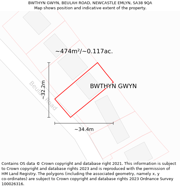 BWTHYN GWYN, BEULAH ROAD, NEWCASTLE EMLYN, SA38 9QA: Plot and title map