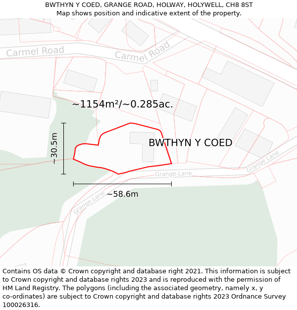 BWTHYN Y COED, GRANGE ROAD, HOLWAY, HOLYWELL, CH8 8ST: Plot and title map