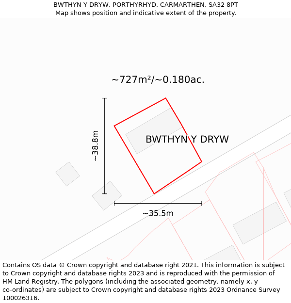 BWTHYN Y DRYW, PORTHYRHYD, CARMARTHEN, SA32 8PT: Plot and title map