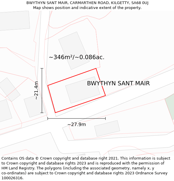 BWYTHYN SANT MAIR, CARMARTHEN ROAD, KILGETTY, SA68 0UJ: Plot and title map