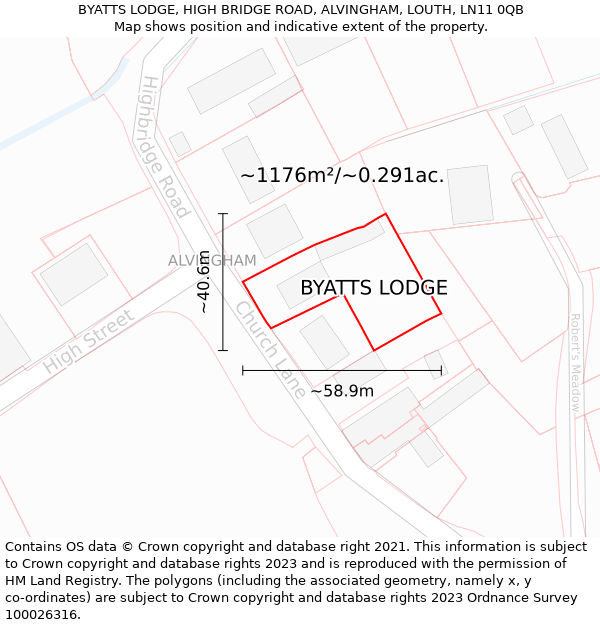 BYATTS LODGE, HIGH BRIDGE ROAD, ALVINGHAM, LOUTH, LN11 0QB: Plot and title map