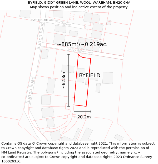 BYFIELD, GIDDY GREEN LANE, WOOL, WAREHAM, BH20 6HA: Plot and title map