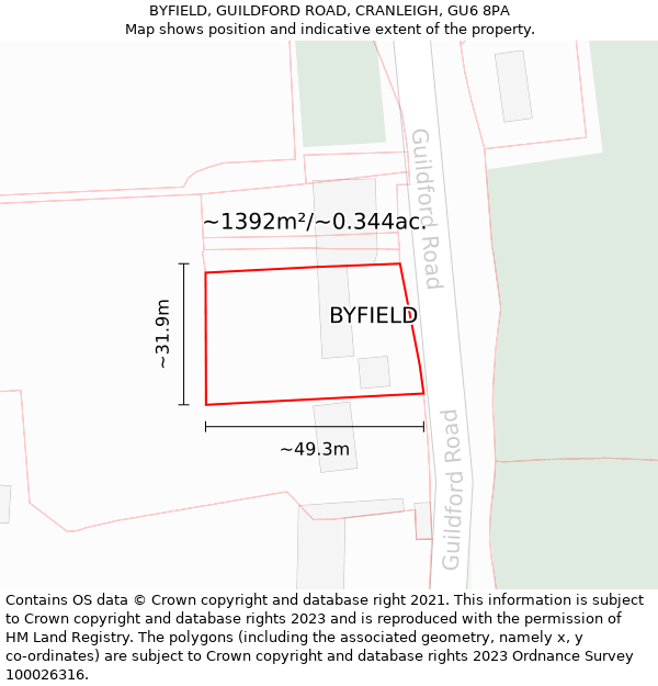 BYFIELD, GUILDFORD ROAD, CRANLEIGH, GU6 8PA: Plot and title map