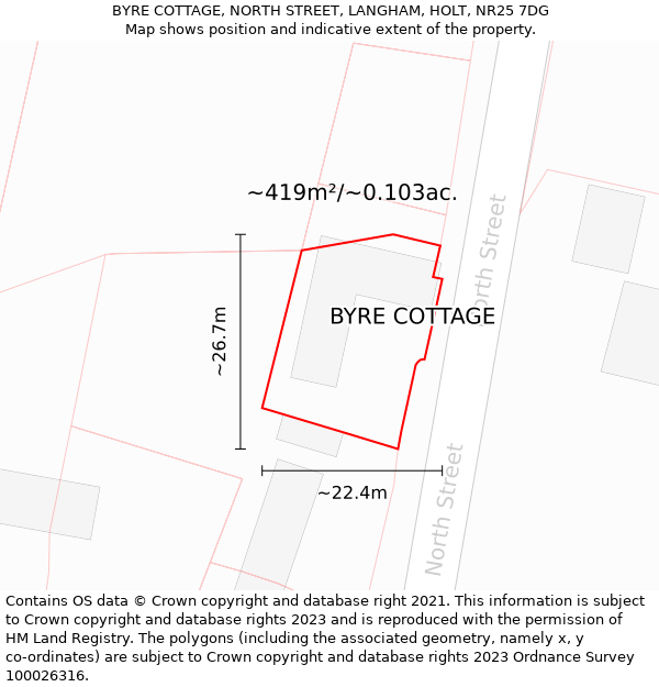 BYRE COTTAGE, NORTH STREET, LANGHAM, HOLT, NR25 7DG: Plot and title map