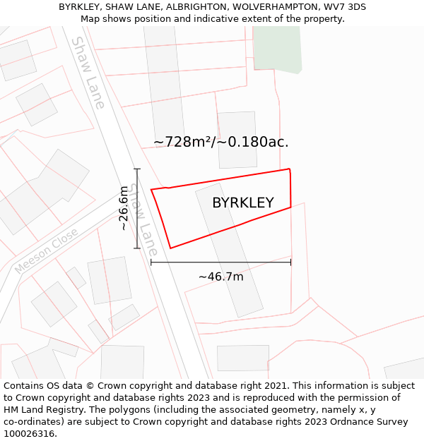 BYRKLEY, SHAW LANE, ALBRIGHTON, WOLVERHAMPTON, WV7 3DS: Plot and title map