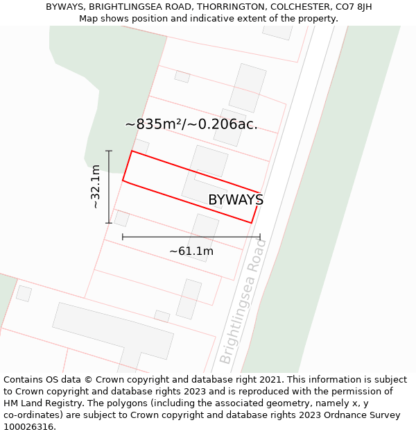 BYWAYS, BRIGHTLINGSEA ROAD, THORRINGTON, COLCHESTER, CO7 8JH: Plot and title map