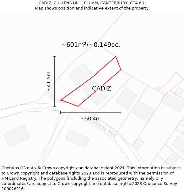 CADIZ, CULLENS HILL, ELHAM, CANTERBURY, CT4 6UJ: Plot and title map