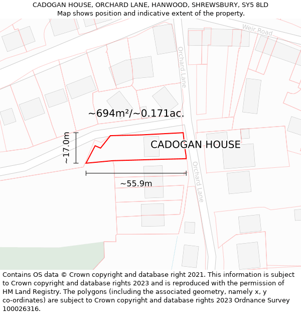 CADOGAN HOUSE, ORCHARD LANE, HANWOOD, SHREWSBURY, SY5 8LD: Plot and title map