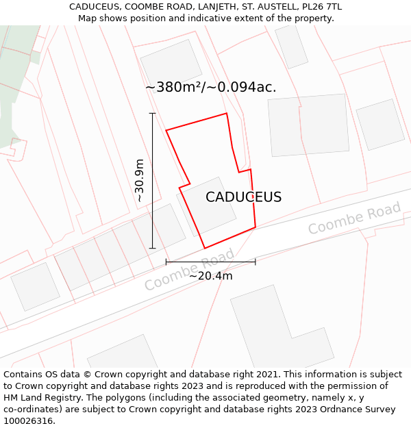 CADUCEUS, COOMBE ROAD, LANJETH, ST. AUSTELL, PL26 7TL: Plot and title map