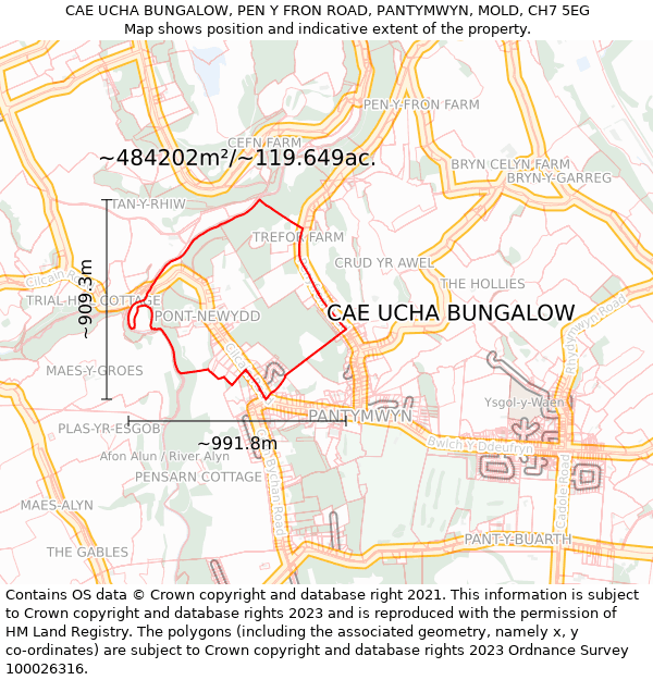 CAE UCHA BUNGALOW, PEN Y FRON ROAD, PANTYMWYN, MOLD, CH7 5EG: Plot and title map