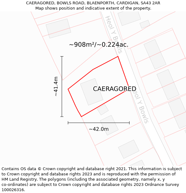 CAERAGORED, BOWLS ROAD, BLAENPORTH, CARDIGAN, SA43 2AR: Plot and title map