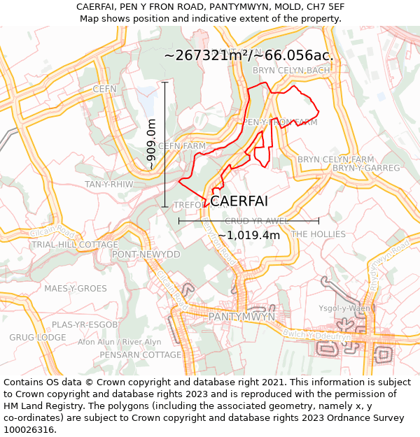 CAERFAI, PEN Y FRON ROAD, PANTYMWYN, MOLD, CH7 5EF: Plot and title map