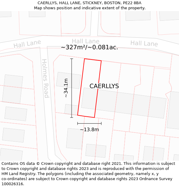 CAERLLYS, HALL LANE, STICKNEY, BOSTON, PE22 8BA: Plot and title map