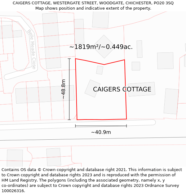 CAIGERS COTTAGE, WESTERGATE STREET, WOODGATE, CHICHESTER, PO20 3SQ: Plot and title map